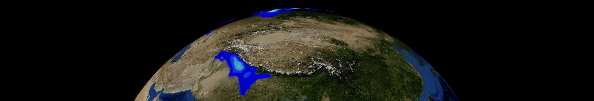 The room-scale immersive globe on Apple Vision Pro: the curve of the Earth spanning the whole field of view, with the smoke forecast layer visible as blue and cyan plumes across Asia.