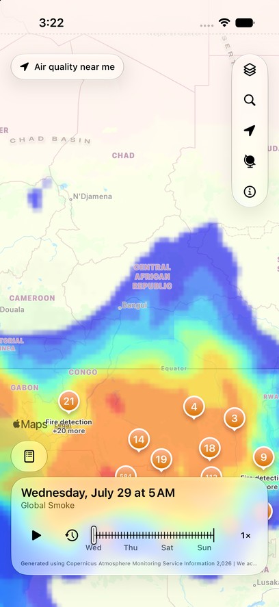 Air Quality Index showing the worldwide smoke forecast over the Congo Basin with a playable five-day timeline